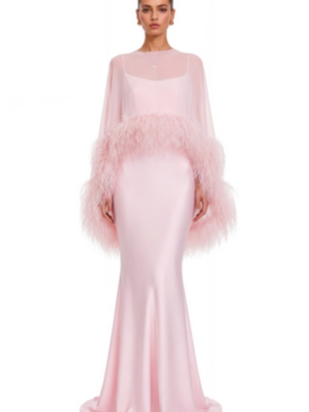 NWT Miss Rosier Light Pink Satin Evening Dress with Feathered Cape - Fits 8